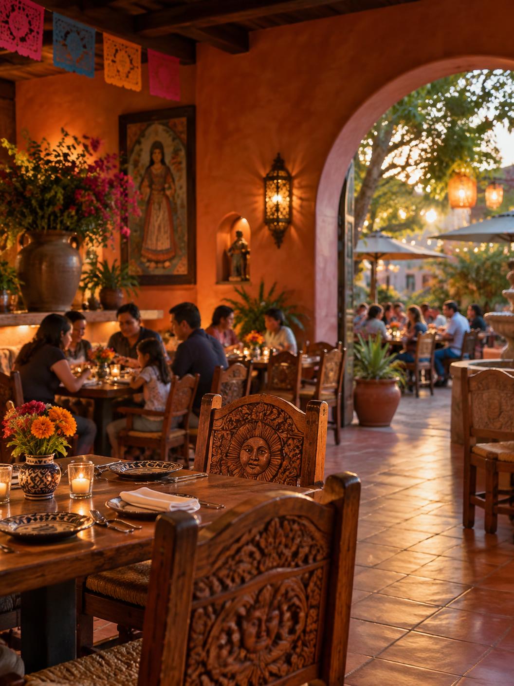 Families dining in a warm Oaxacan-inspired room and patio