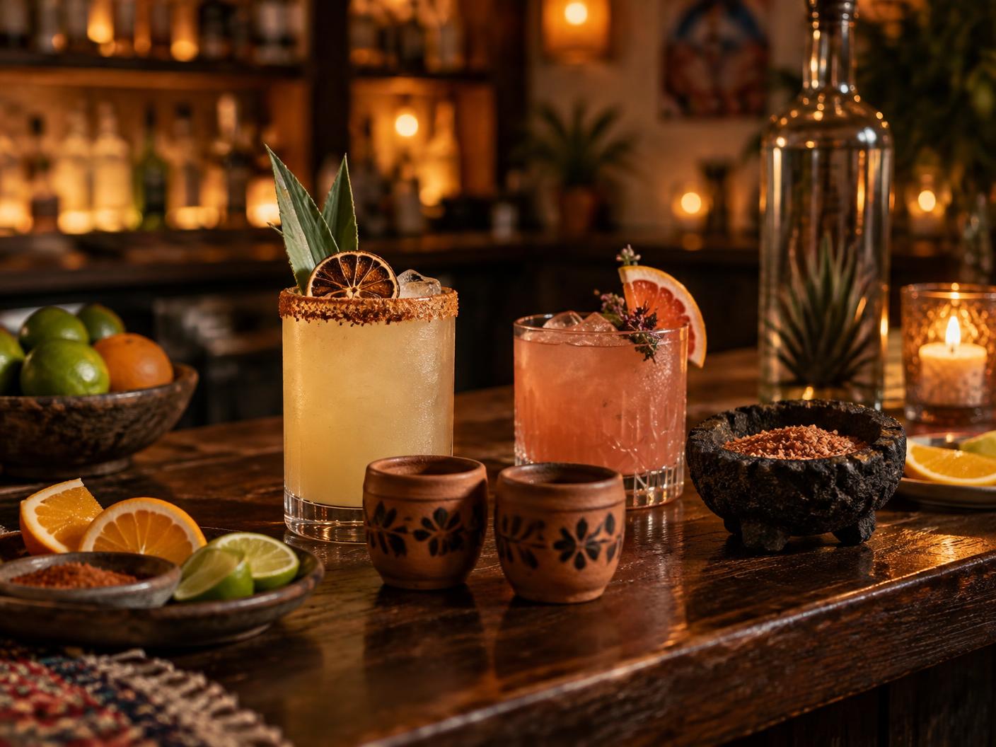 Mezcal cocktails and clay copitas arranged on the bar