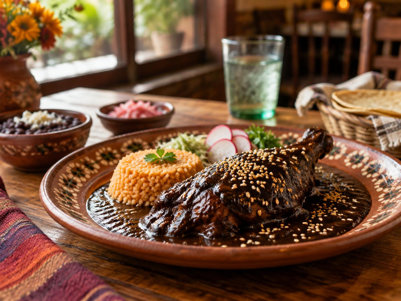 Mole negro served with rice on a hand-painted ceramic plate