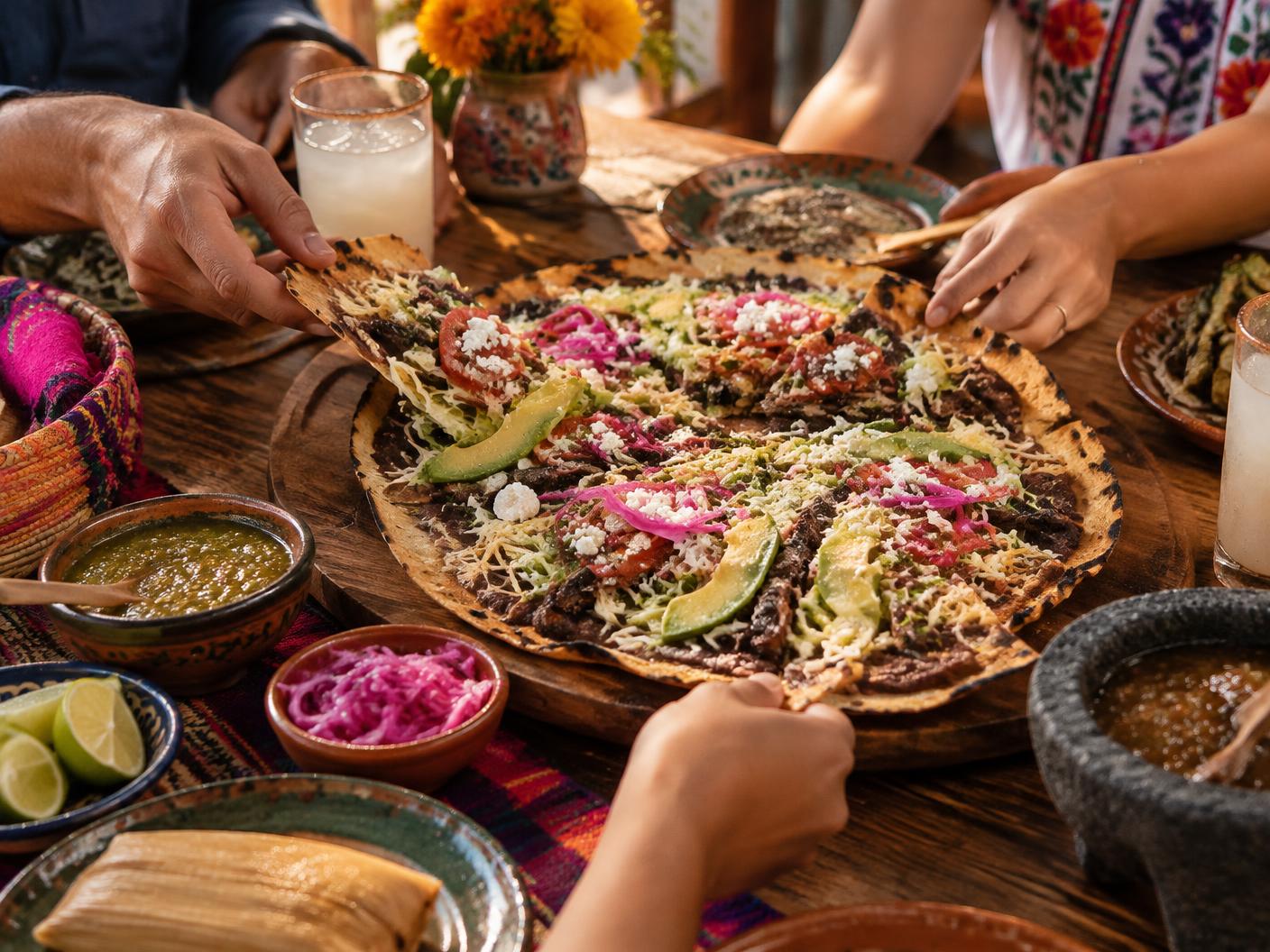 A family sharing a colorful Oaxacan tlayuda at the table