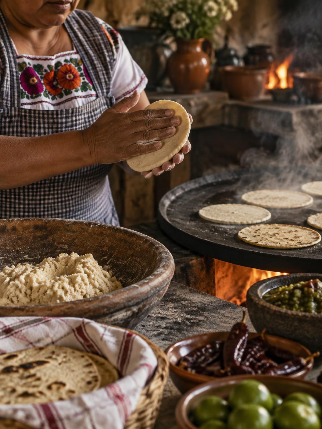 Fresh corn tortillas being shaped by hand beside a hot comal
